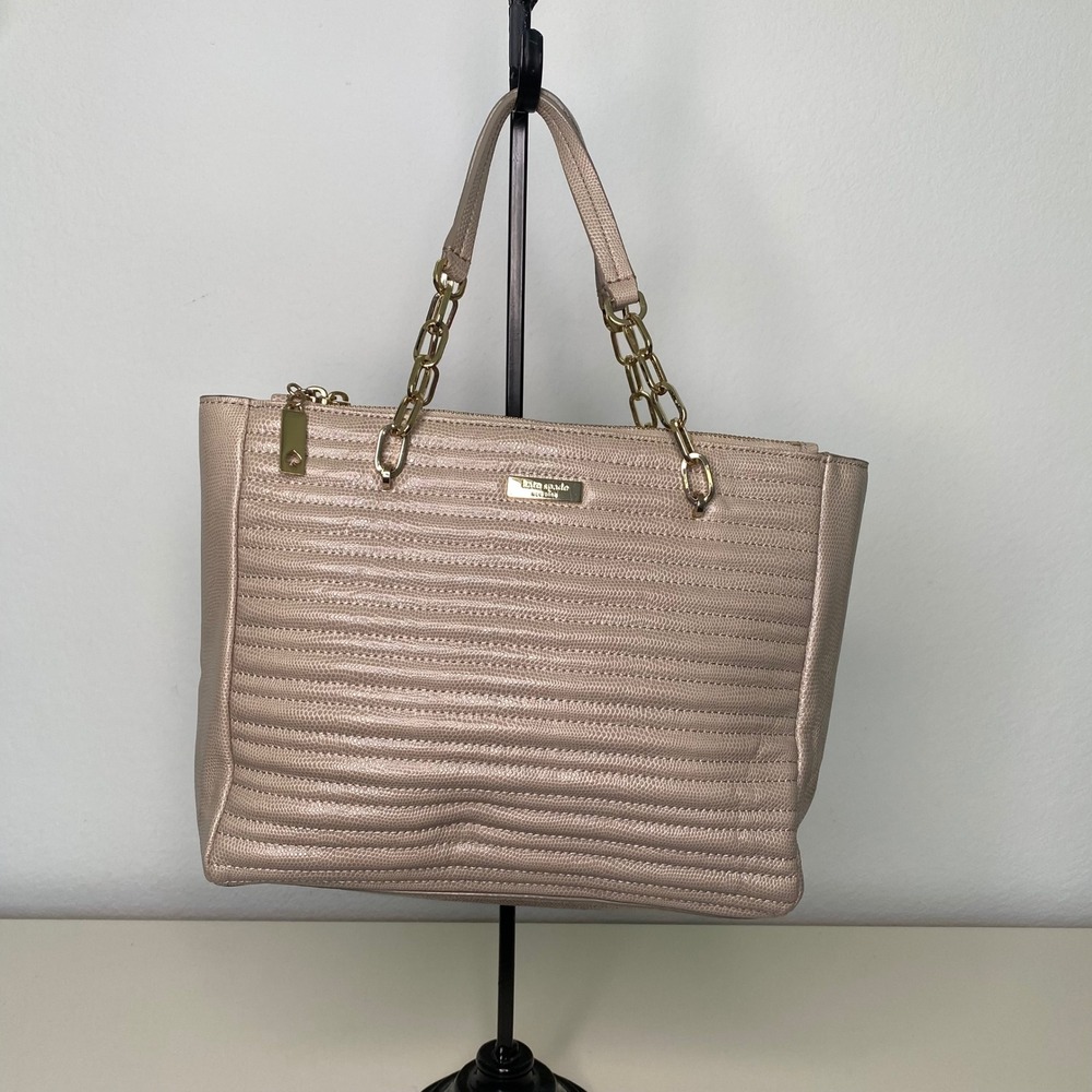Kate Spade New York Beige Lizard Embossed Quilted Leather Tote Bag